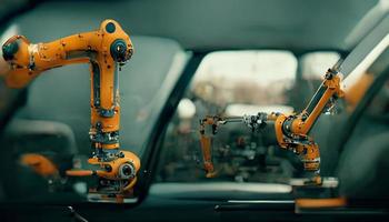automatisation de bras robotique de machine industrielle dans l'arrière-plan de l'usine de voitures et de véhicules, concept technologique, illustration d'art numérique photo