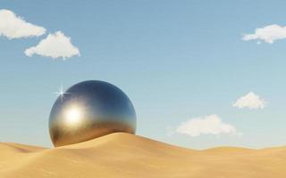 sable abstrait de falaise de dune avec des voûtes métalliques et un ciel bleu propre. fond de paysage naturel désertique minimal surréaliste. scène de désert avec un design géométrique d'arches métalliques brillantes. rendu 3D. photo