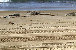 empreintes de pas dans le sable sur les rives de la mer méditerranée. photo