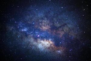 gros plan de la galaxie de la voie lactée avec des étoiles et de la poussière spatiale dans l'univers, photographie longue exposition, avec grain. photo
