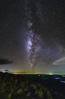 galaxie de la voie lactée avec le sol en pierre du bouton est le nom du point de vue de lan hin pum au parc national de phu hin rong kla à phitsanulok, thaïlande photo