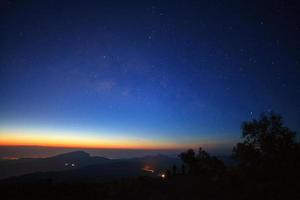 galaxie de la voie lactée avant le lever du soleil du matin à doi inthanon chiang mai, thaïlande. photographie longue exposition. à grains photo