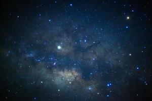 gros plan de la galaxie de la voie lactée avec des étoiles et de la poussière spatiale dans l'univers, photographie longue exposition, avec grain. photo