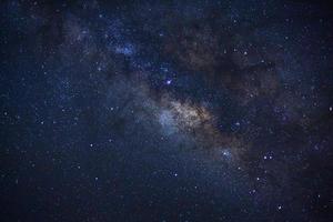 gros plan de la galaxie de la voie lactée avec des étoiles et de la poussière spatiale dans l'univers, photographie longue exposition, avec grain.
