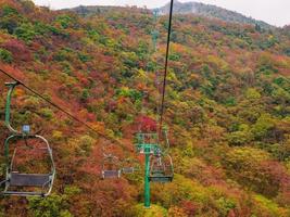 télésiège téléphérique traversant la montagne sur le parc national de la montagne tianmen en automne photo