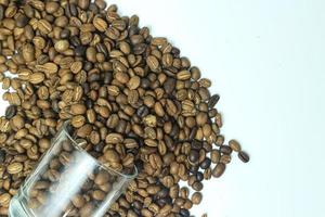 Grains de café torréfiés dans une tasse en verre isolé sur fond blanc photo