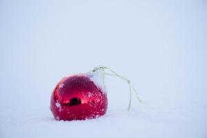 boule de noël rouge dans la neige fraîche photo