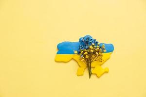 carte de l'ukraine avec fleur bleue et jaune sur fond jaune photo