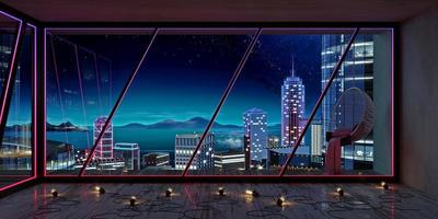 intérieur de nuit futuriste avec grande fenêtre sur la ville photo