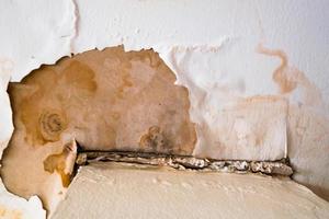 toit de plafond endommagé par l'eau, tache brune, immeuble de bureaux photo