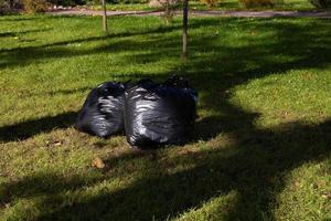 sacs à ordures noirs avec des feuilles d'érable jaune d'automne tombées dans le parc photo