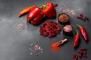 morceaux de paprika séché, préparation d'épice en poudre pour divers plats photo