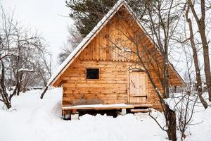 nouvelle petite maison en bois dans un jardin enneigé photo