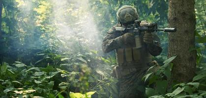 Soldat en action visant l'optique de visée laser de l'arme
