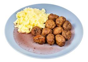 boulettes de viande et purée de pommes de terre sur plaque bleue photo