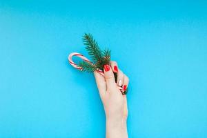 main féminine tenant une branche de sapin et une canne douce photo