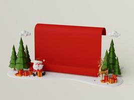 Illustration 3d de papier rouge de noël sur un sol enneigé avec le père noël et une boîte-cadeau photo