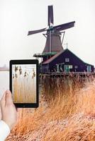 touriste prenant une photo d'herbe gelée près de windmil