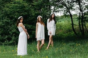 trois charmantes filles près d'une maison en bois photo