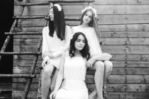 trois charmantes filles sur une échelle près d'une maison en bois photo