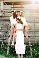 trois charmantes filles sur une échelle près d'une maison en bois photo