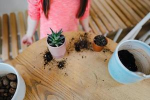 petite fille replantant une plante d'intérieur dans un autre pot photo