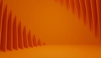 3d abstrait géométrique orange. plusieurs formes de triangle sont empilées en diagonale. sur le fond qui ressemble à une pièce carrée. illustration de rendu 3d. photo
