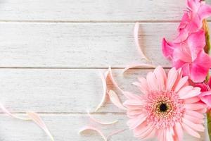 Fleur de glaïeul rose gerbera printemps été et pétale décorer sur fond de bois blanc photo