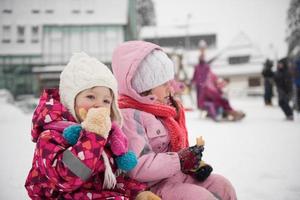 portrait de deux petites filles assises ensemble sur des traîneaux photo