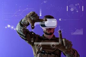 soldat utilisant un casque de réalité virtuelle fond violet photo