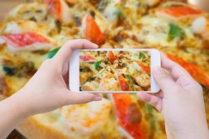 femme prenant une photo de pizza et avec un smartphone mobile