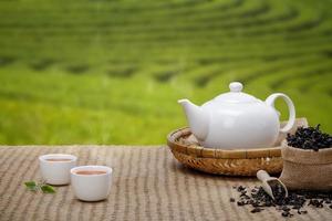 tasse de thé chaude avec théière, feuilles de thé vert et herbes séchées sur la natte de bambou le matin sur fond de plantations avec espace vide, produit biologique de la nature pour la santé avec traditionnel photo