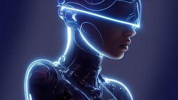 rendu 3d. élégant beau cyborg. métal et lignes lumineuses. femme futuriste. intelligence artificielle. photo