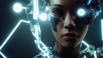 rendu 3d. élégant beau cyborg. métal et lignes lumineuses. femme futuriste. intelligence artificielle. photo