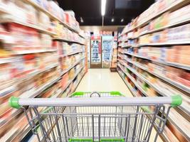 flou de mouvement de l'allée du supermarché avec un panier vide photo