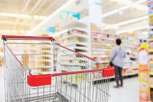 allée de supermarché arrière-plan flou avec panier rouge vide photo