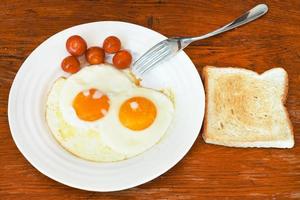 petit-déjeuner avec deux œufs frits dans une assiette blanche photo