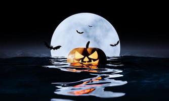 rendu 3d de fond d'halloween. scène effrayante de citrouille effrayante sur l'océan avec la pleine lune et les chauves-souris sur le bleu nuit sombre de la mer. conception d'illustration pour le fond d'halloween photo
