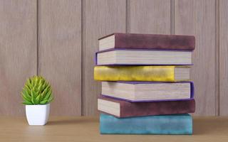 Livres de rendu 3d sur une étagère en bois avec de petites plantes dans des pots en céramique blanche photo