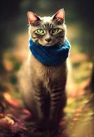 un chat portant un foulard dans une forêt d'automne. photo