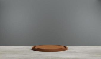 plaque de bois 3d avec fond industriel minimaliste gris. pour montrer la promotion de la nourriture et des boissons photo