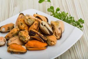 moules sur la plaque et fond en bois photo