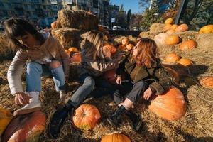 les jeunes filles sont allongées sur des meules de foin parmi les citrouilles. photo