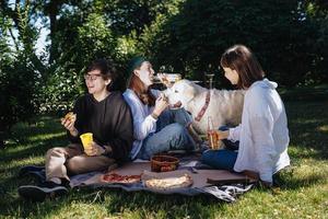 compagnie de beaux jeunes et chien prenant un déjeuner en plein air. photo