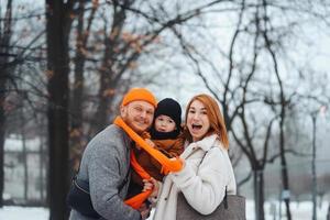 papa maman et bébé dans le parc en hiver photo