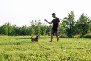 bel homme lance une balle à son petit chien heureux. les meilleurs amis jouent ensemble dans le parc en été.