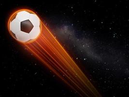 le ballon de football vole avec un effet magique rapide dans des flammes orange futuristes de haute technologie montrant un fond noir avec des étoiles. photo