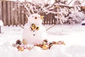 joyeux noël et bonne année carte de voeux avec copie-espace.beaucoup de bonhommes de neige debout dans le paysage de noël d'hiver.fond d'hiver.bonhomme de neige avec fleur sèche et pin. joyeuses fêtes et fêtes. photo