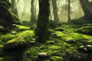 une illustration générée par ordinateur d'une mousse verte luxuriante sur un sol forestier avec des rochers et des arbres. ai généré art. photo