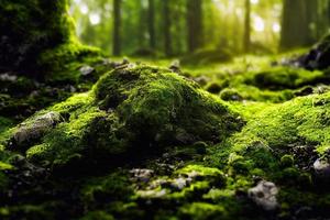 une illustration générée par ordinateur d'une mousse verte luxuriante sur un sol forestier avec des rochers et des arbres. ai généré art. photo